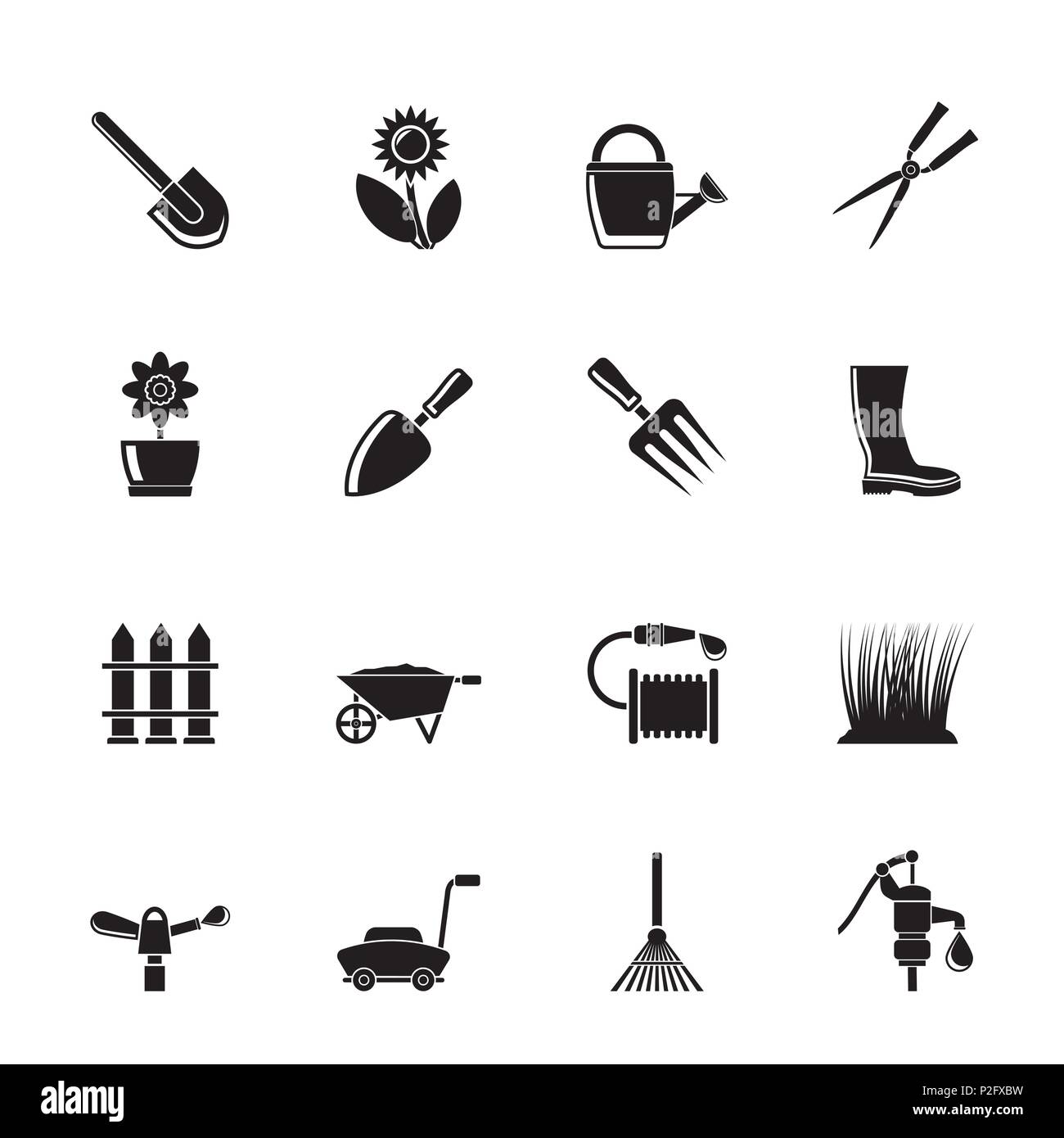 Jardin Silhouette et les outils de jardinage et des objets Icônes ...