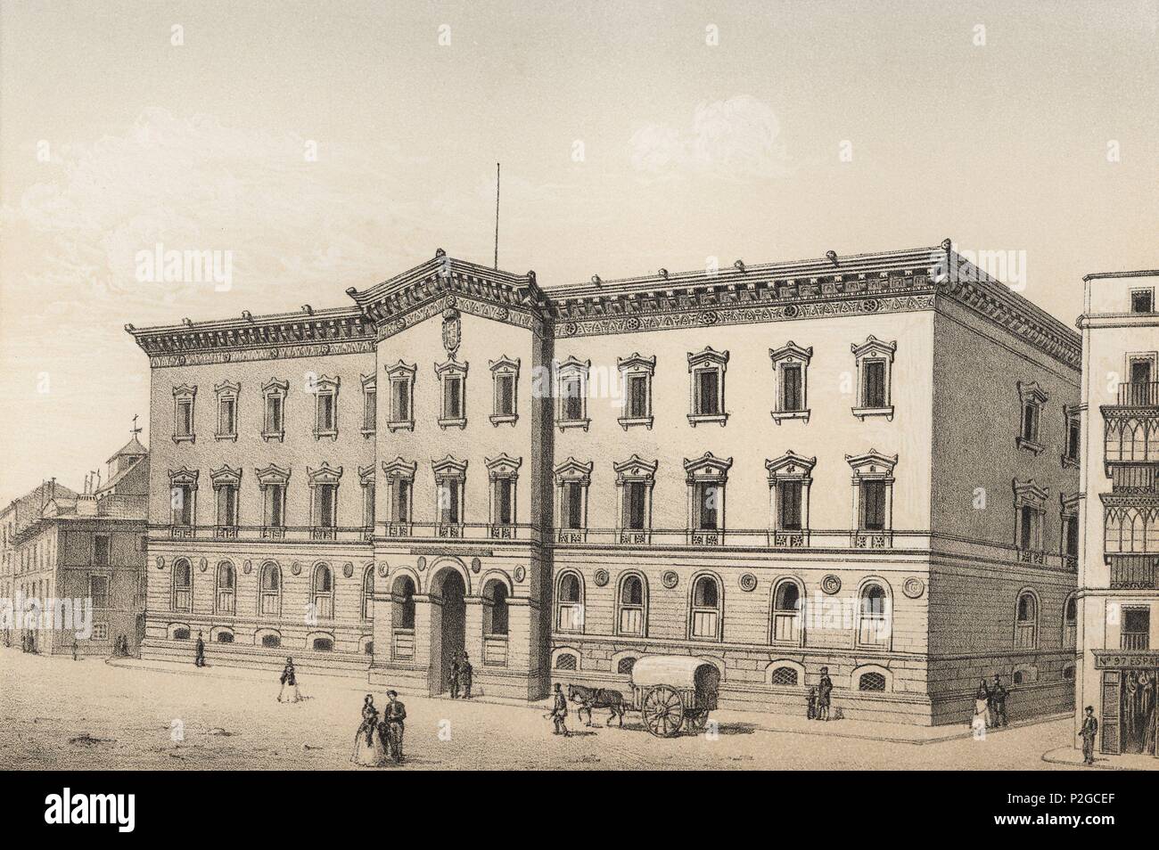 Tribunal de Cuentas del Nuevo Reino. Construído por Francisco Jareño y Alarcón de 1860 a 1863 en Madrid, Calle de Fuencarral. La gravure de 1870. Banque D'Images