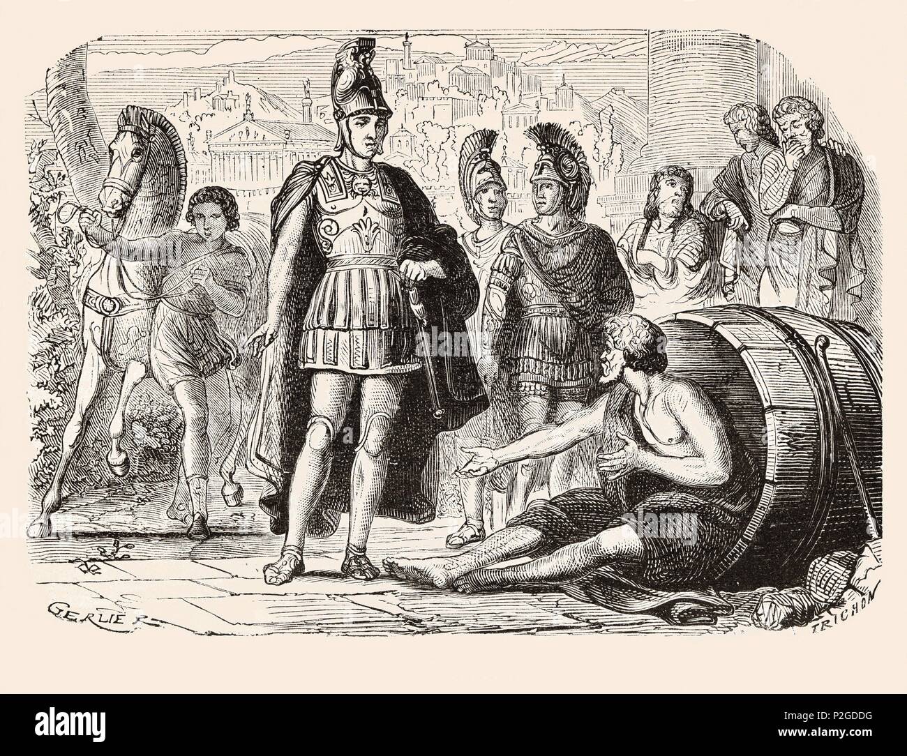 Alejandro Magno (356-323 a.JC). Alejandro III, rey de Macédoine, hijo de Filipo y Olimpias, que realizó grandes expediciones hasta Asie, en su encuentro en Corintio con el Diógenes Cínico (413-327 a.JC), filósofo griego.Gravure de 1866. Banque D'Images