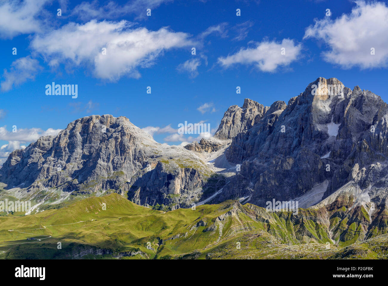 Vue de la pala avec Monte Mulaz et la Cima della Vezzana, Trans-Lagorai, gamme de Lagorai, Dolomites, Site du patrimoine mondial de l'Dolomi Banque D'Images