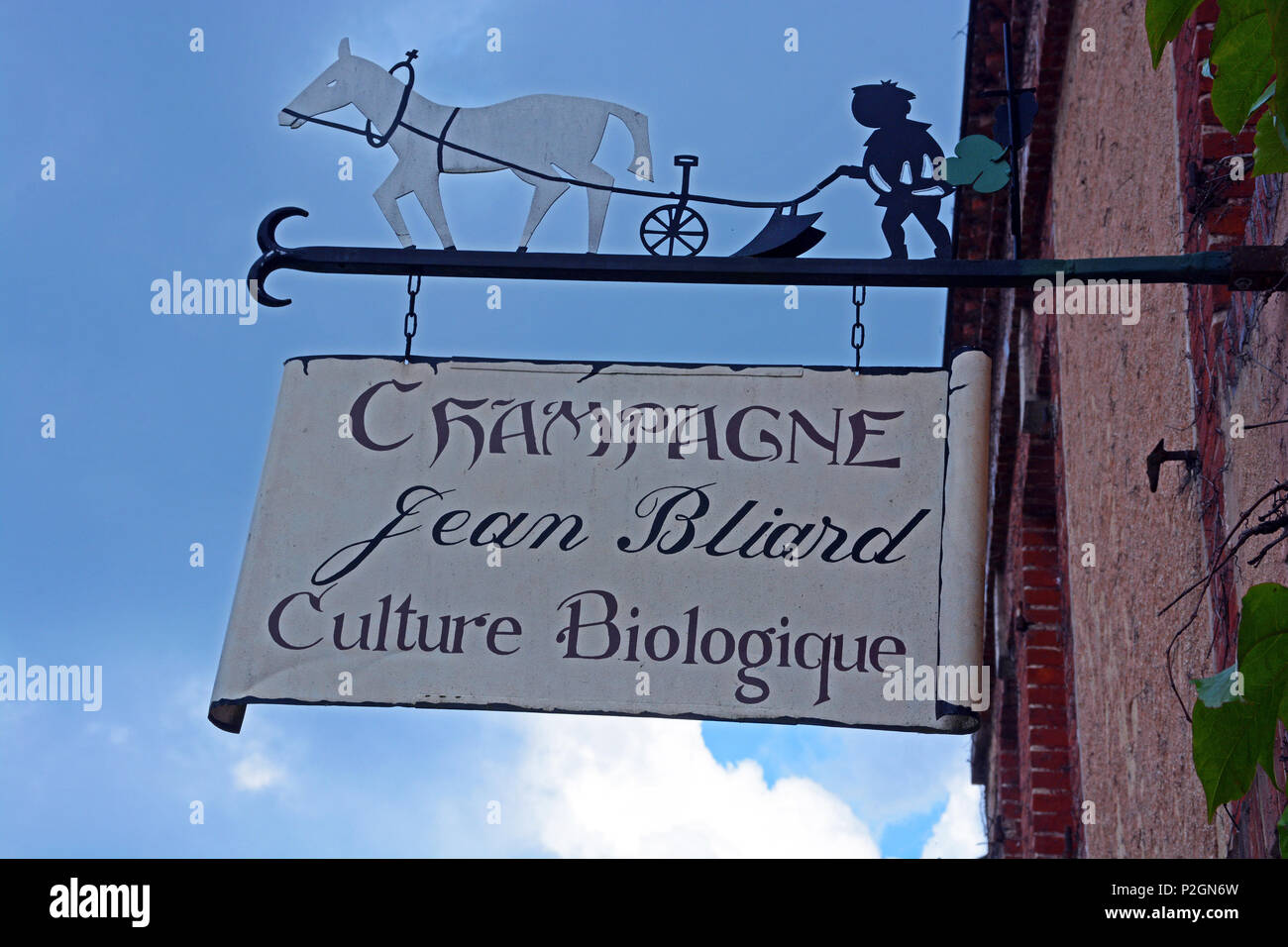 Sign en dehors de vigneron dans le quartier de champagne, blade 2 Jean Bliard, bilogic Hautvilliers, agriculture, Marne, Champagne-Ardennes, France Banque D'Images