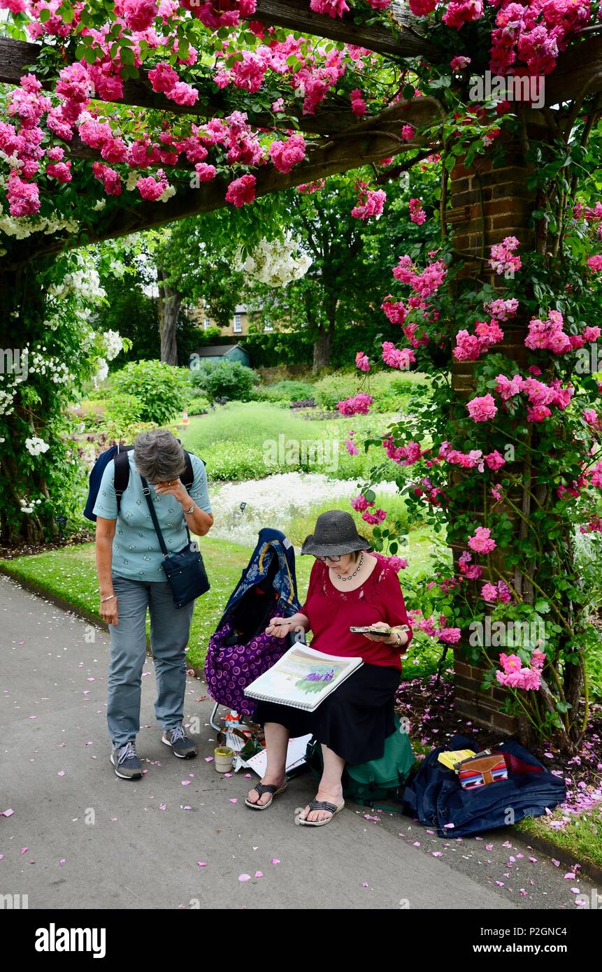 Dame en hat sitting peinture sous la pergola rose au Royal Botanic Gardens,  Kew, Richmond, London, UK Photo Stock - Alamy