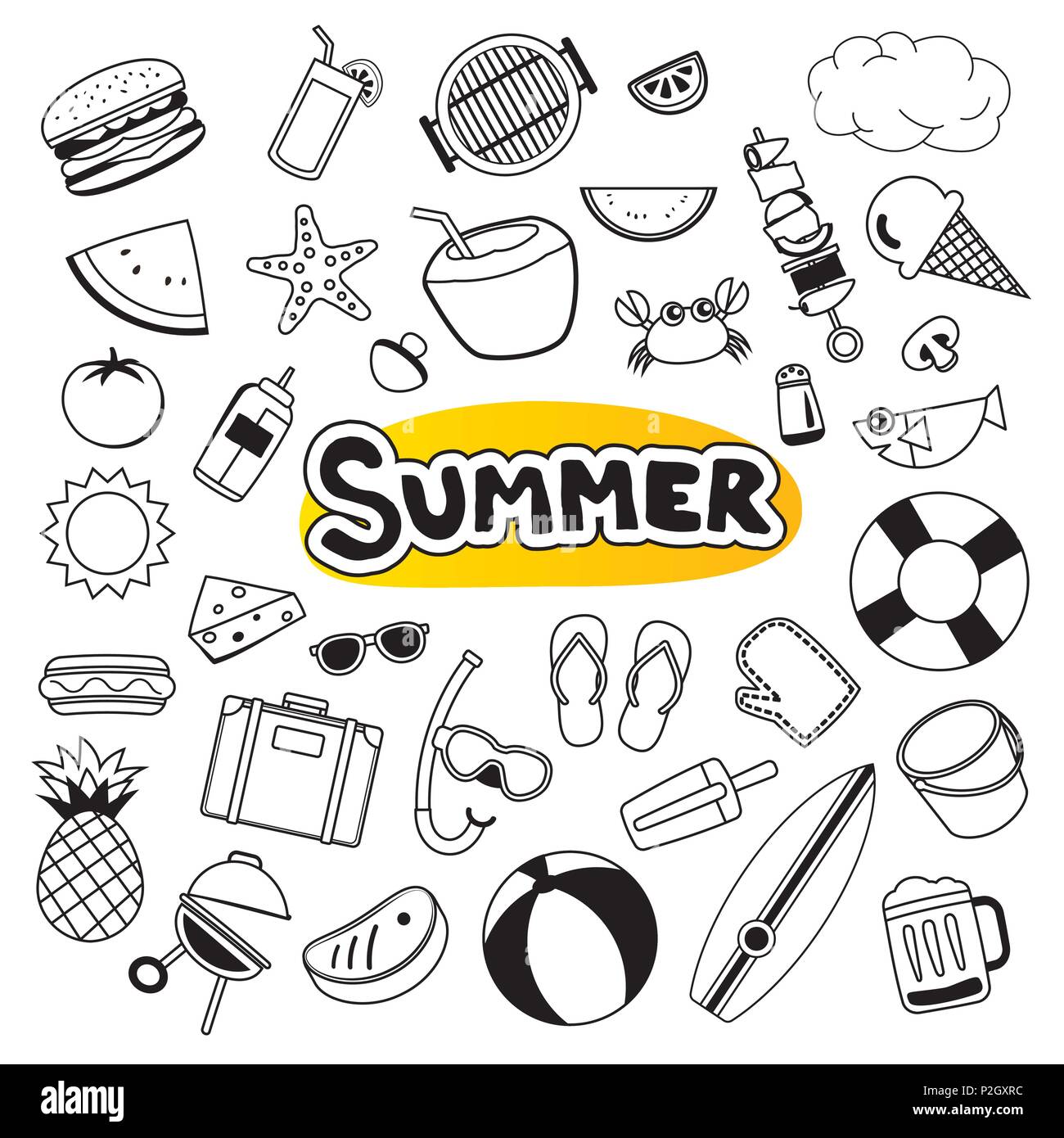 Les objets de l'été dans l'icône set sticker design doodle. Cartoon vector illustration. Peut être utilisé pour la bannière, insignes, symbole, élément isolé. Illustration de Vecteur