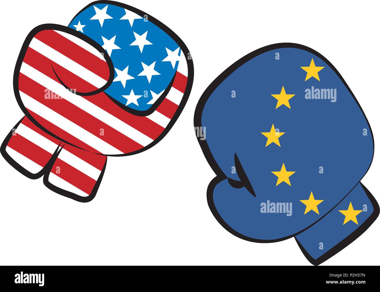 USA Europe guerre commerciale conflit illustré par un match de boxe avec les USA et l'Europe drapeaux dans des gants de boxe lutter les uns contre les autres, isolated on white Illustration de Vecteur