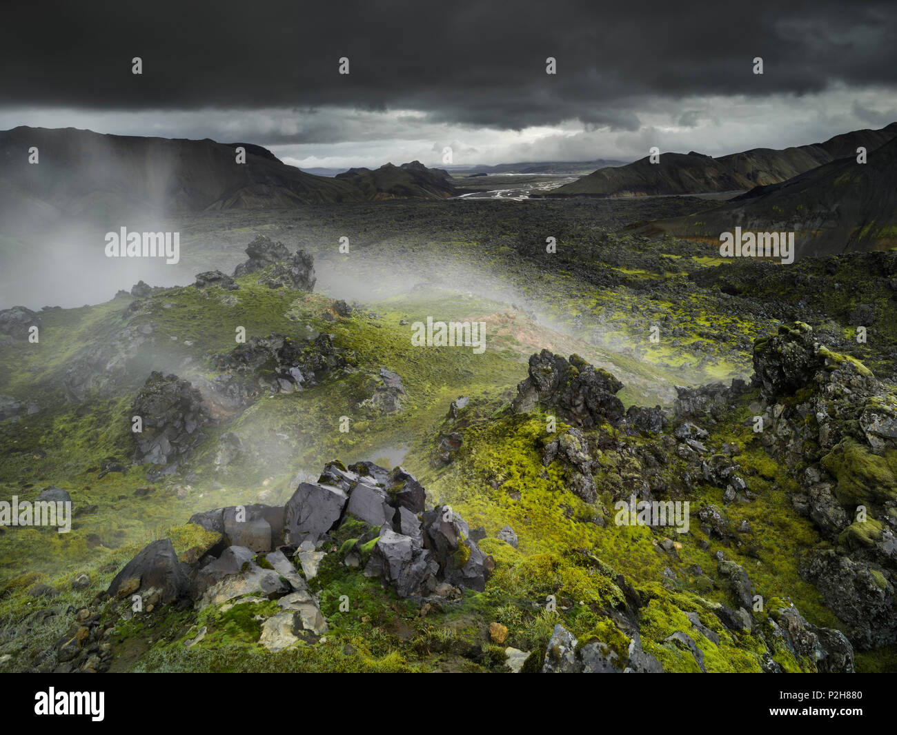 L'augmentation de vapeur, paysage volcanique avec de la mousse et la pierre, Landmannalaugar, Island Banque D'Images