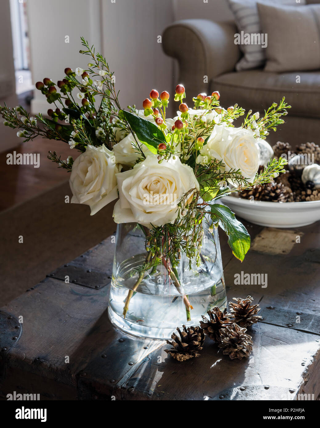 Détail de vase de roses sur vieux tronc avec des cônes de pin Banque D'Images