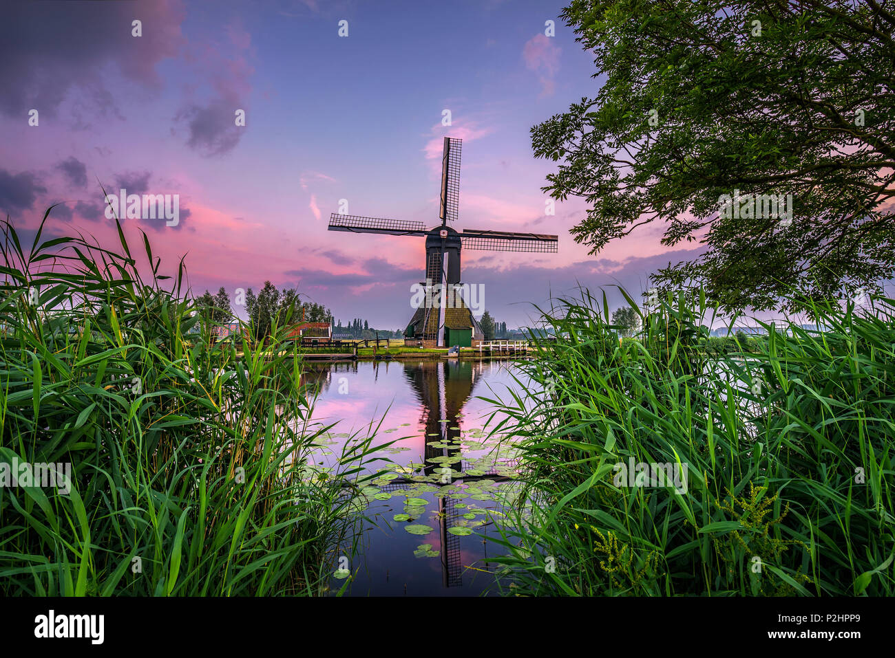 Ancien moulin à vent hollandais au coucher du soleil à Kinderdijk, Pays-Bas Banque D'Images
