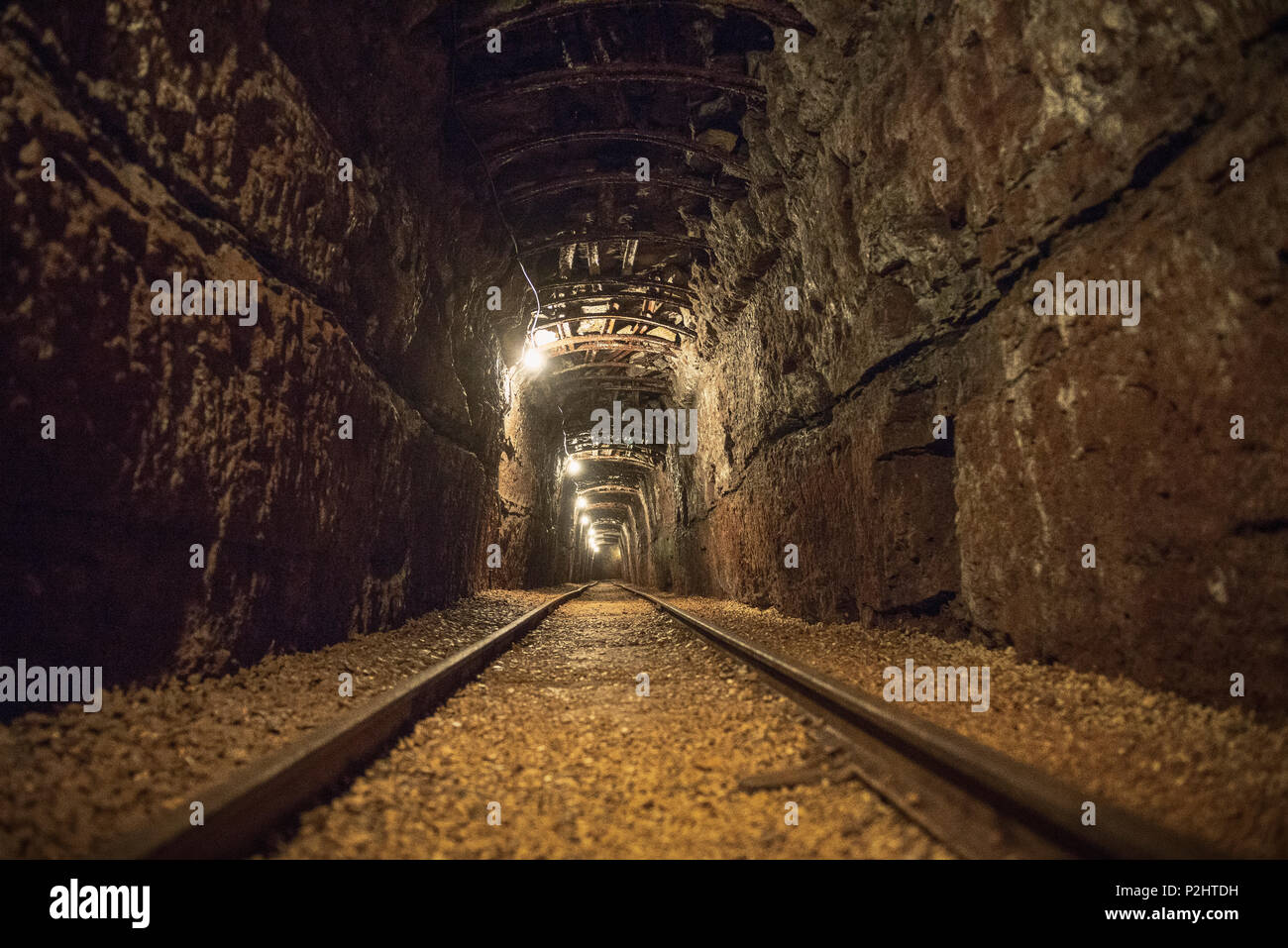 Les voies de chemin de fer dans une mine, mine Tiefer Stollen, Aalen, Ostalb province, Jura souabe, Bade-Wurtemberg, Allemagne Banque D'Images