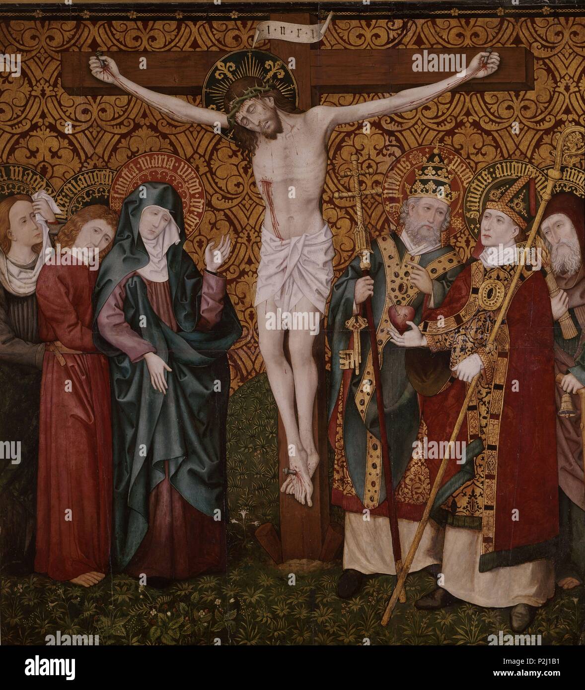 CRUCIFIXION CON LA DOLOROSA Y SANTOS - 1475 - OLEO/TABLA - 190 x 175 cm - GOTICO ALEMAN. Auteur : Maestro de los Nimbos Pintados (Xvème siècle). Lieu : Musée Lazaro Galdiano, COLECCION DE MADRID, ESPAGNE. Banque D'Images