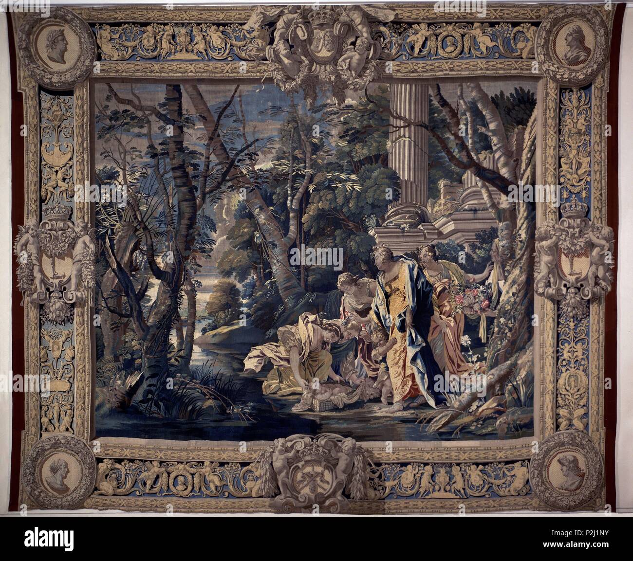 TAPIZ-MOISES SALVADO DE LAS AGUAS-LANA SEDA 495X599 CM-1630. Auteur : Simon Vouet (1590-1649). Lieu : MUSÉE DU LOUVRE-TAPICES, FRANCE. Banque D'Images