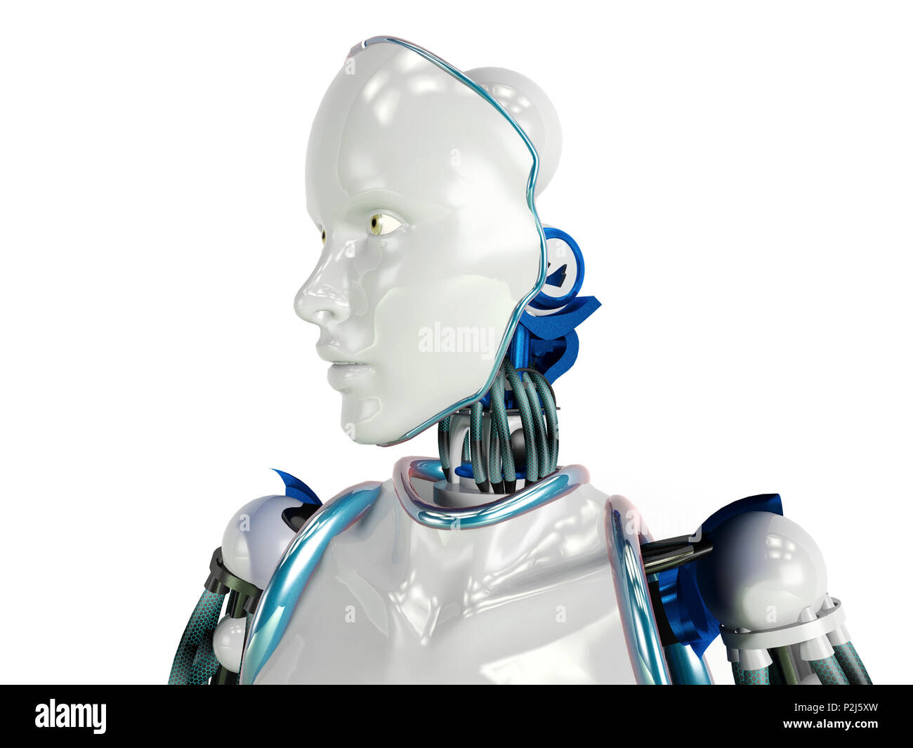 Robot humanoïde futuriste sur fond blanc, 3D Rendering Banque D'Images