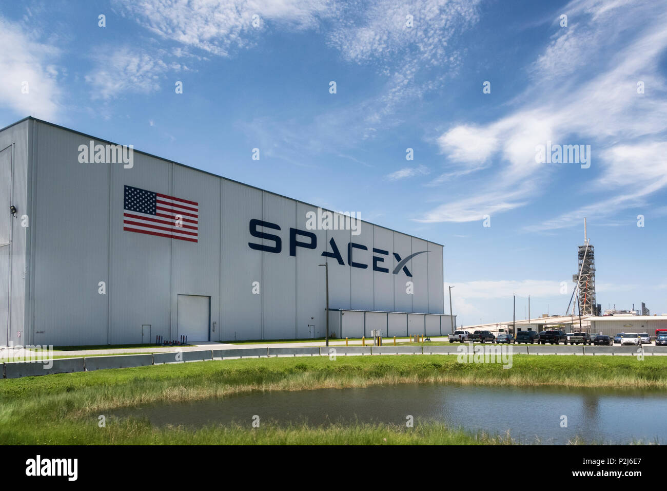 Cap Canaveral, Floride, USA - 12 juin 2018 : l'espace X plateforme de lancement au Centre spatial Kennedy. Banque D'Images