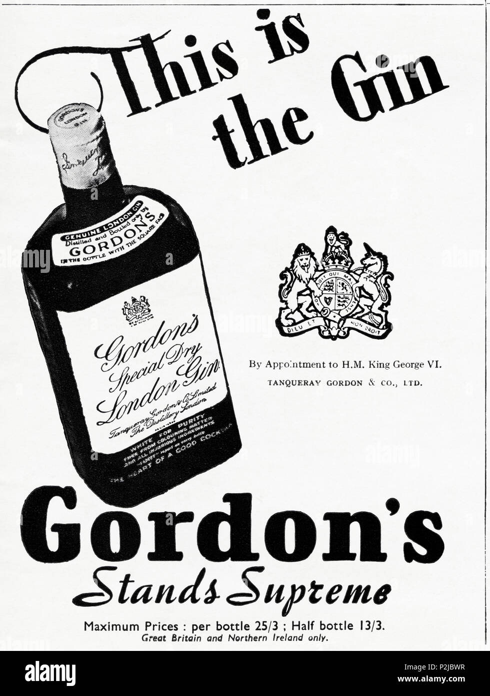 1940 old vintage publicité publicité originale par Gordon's nomination royale au magazine anglais vers 1946 lorsque les fournitures sont encore restreintes en vertu de rationnement de l'après-guerre Banque D'Images