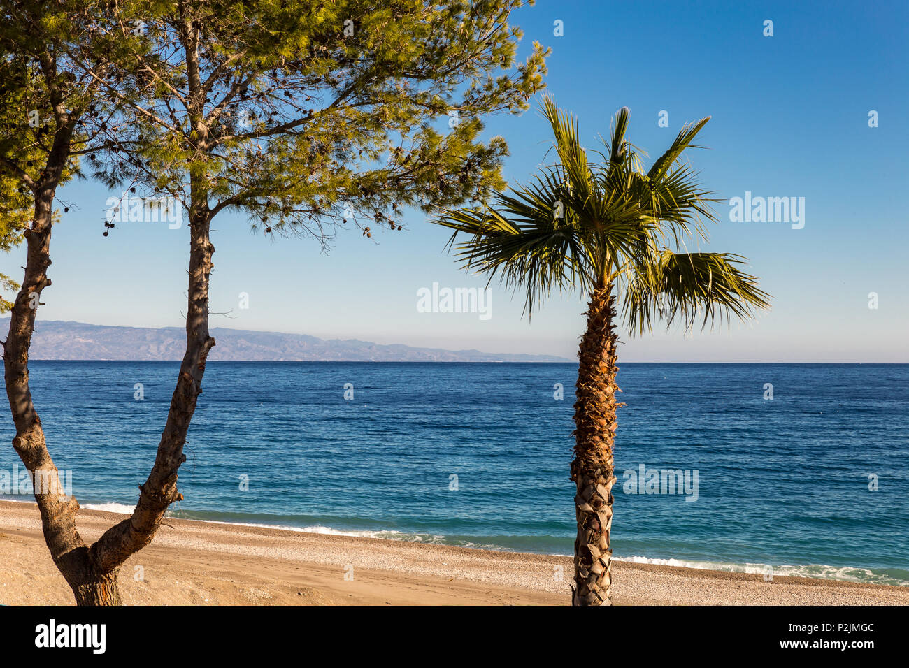 Front de mer de Sicile avec palmiers et Golden Beach Banque D'Images