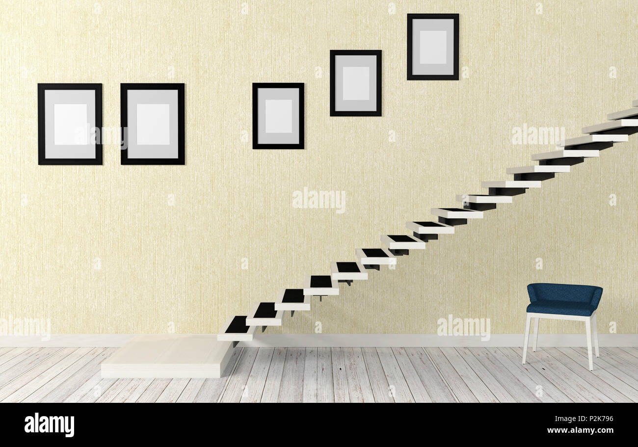 Escalier blanc prix intérieur en style moderne et minimaliste, 3D Rendering Banque D'Images
