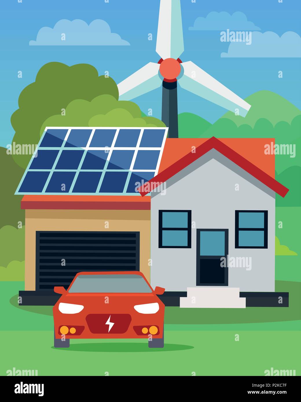 Télévision vector illustration d'une voiture électrique en face d'une maison avec des panneaux solaires et d'éoliennes dans l'arrière-plan Illustration de Vecteur