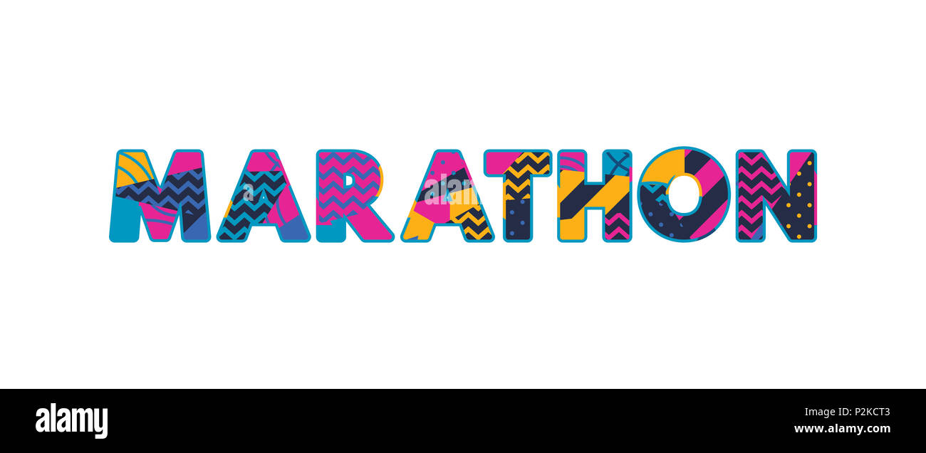 Le marathon de mots écrits en concept abstrait coloré de la typographie. Banque D'Images