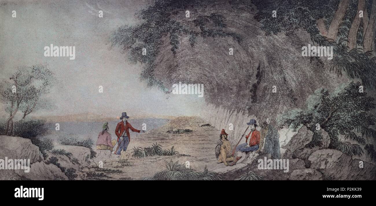 GALERIA DE CIEN NATUREL DE TARTES LARGO Y DIEZ DE ANCHO EN LA INMEDIACION DEL PUERTO DEL DESCANSO EN EL ESTRECHO DE JUAN DE FUCA - siglo XVIII. Auteur : Fernando Brambila (1763-1832). Lieu : MUSÉE NAVAL / MINISTERIO DE MARINA, MADRID, ESPAGNE. Banque D'Images