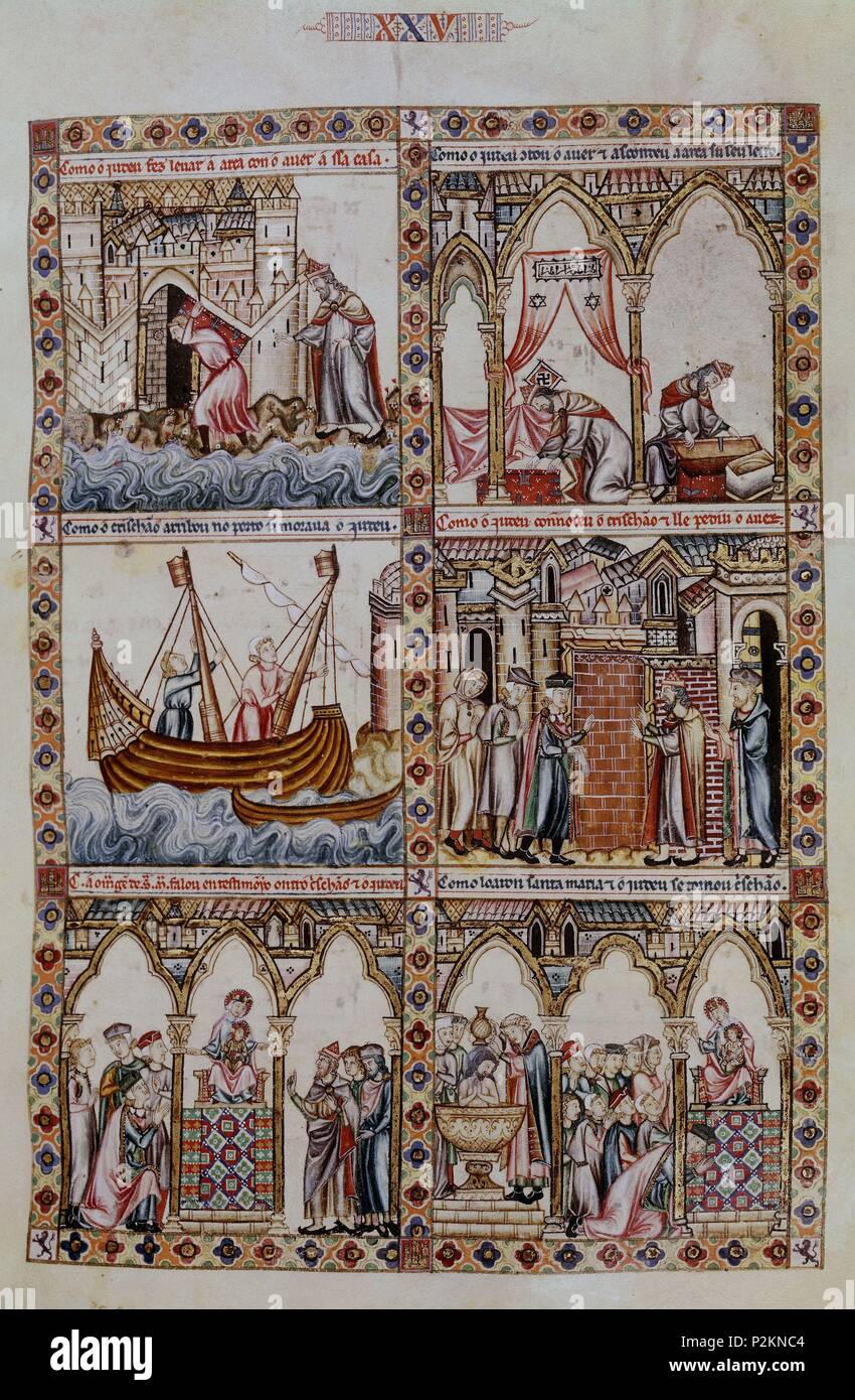 MTI1-CANTIGA STA MARIA- Nº 25-F39 R- LA VIERGE ENTRE EL CRISTIANO Y EL JUDIO-MINIATURE S XIII. Auteur : Alfonso X le Sage de Castille (1221-1284). Emplacement : MONASTERIO-BIBLIOTECA-COLECCION, San Lorenzo del Escorial, Madrid, Espagne. Banque D'Images