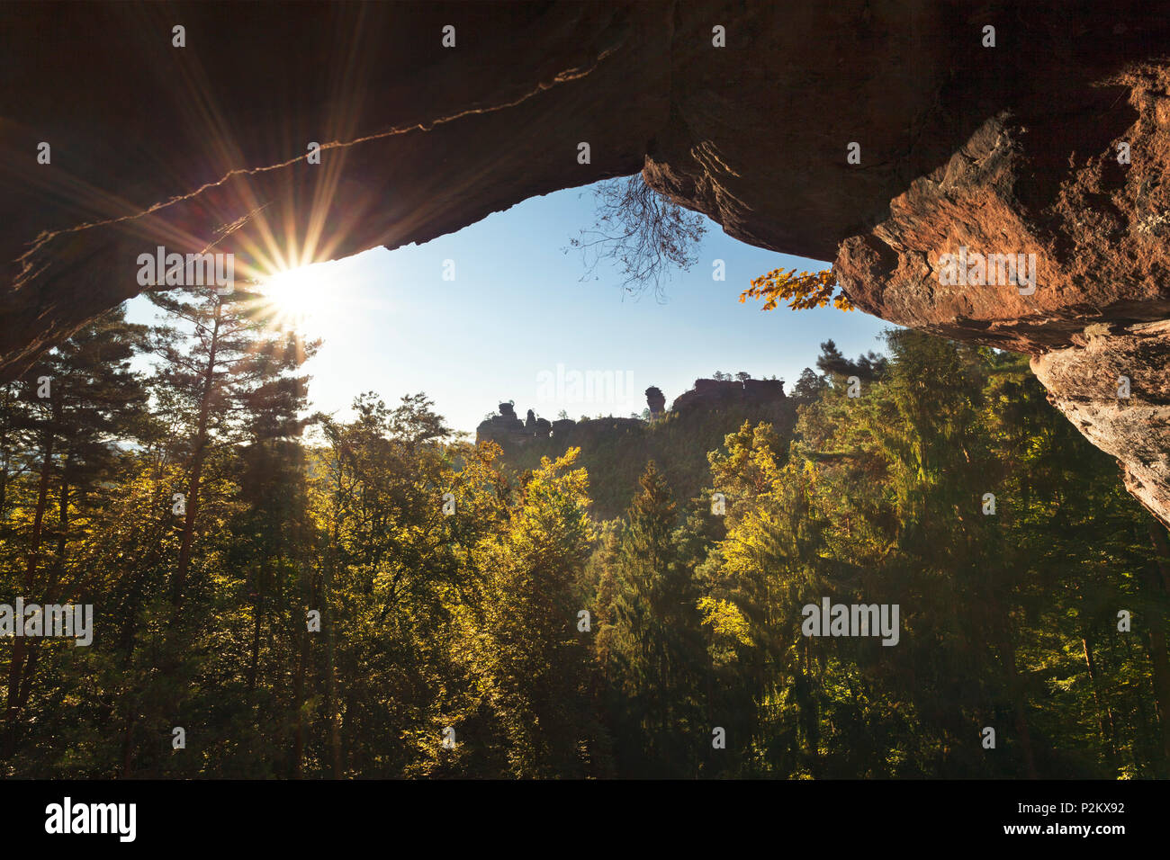 Vue de l'Buettelfels Laemmerfels rock à rock, près de Dahn, Dahner Felsenland, parc naturel de la Forêt du Palatinat, Rhénanie-Palatinat Banque D'Images