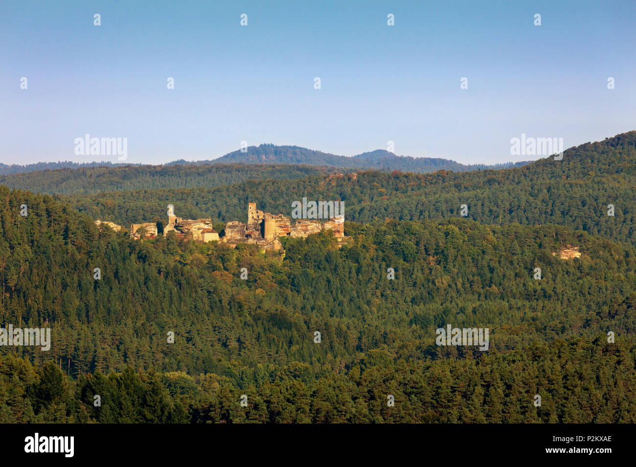 Dahner groupe château Burgen, près de Dahn, Dahner Felsenland, parc naturel de la Forêt du Palatinat, Rhénanie-Palatinat, Allemagne Banque D'Images