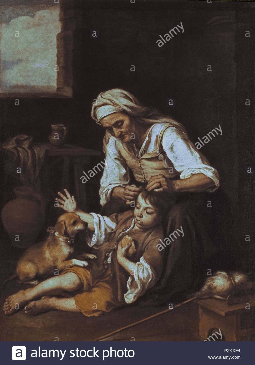 Vieille Femme à La Recherche De Poux Dans Les Cheveux Dun Garçon