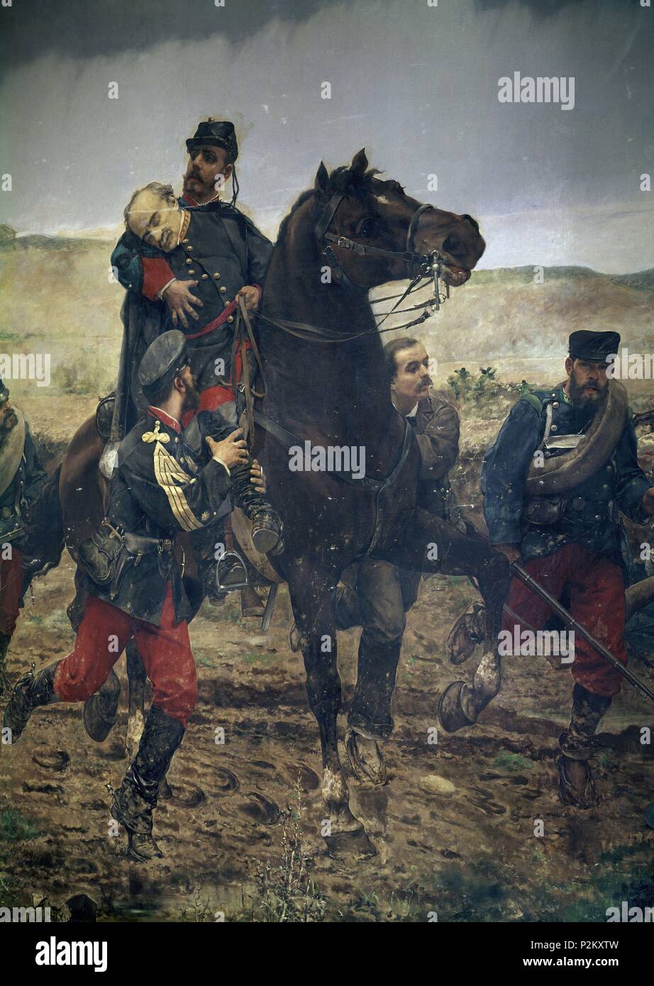 MUERTE DEL MARQUES DE DUERO-DET MARQUES TRANSPORTADO EN EL CABALLO 1884 CONJ(4338). Emplacement : SENADO-PINTURA, MADRID, ESPAGNE. Banque D'Images