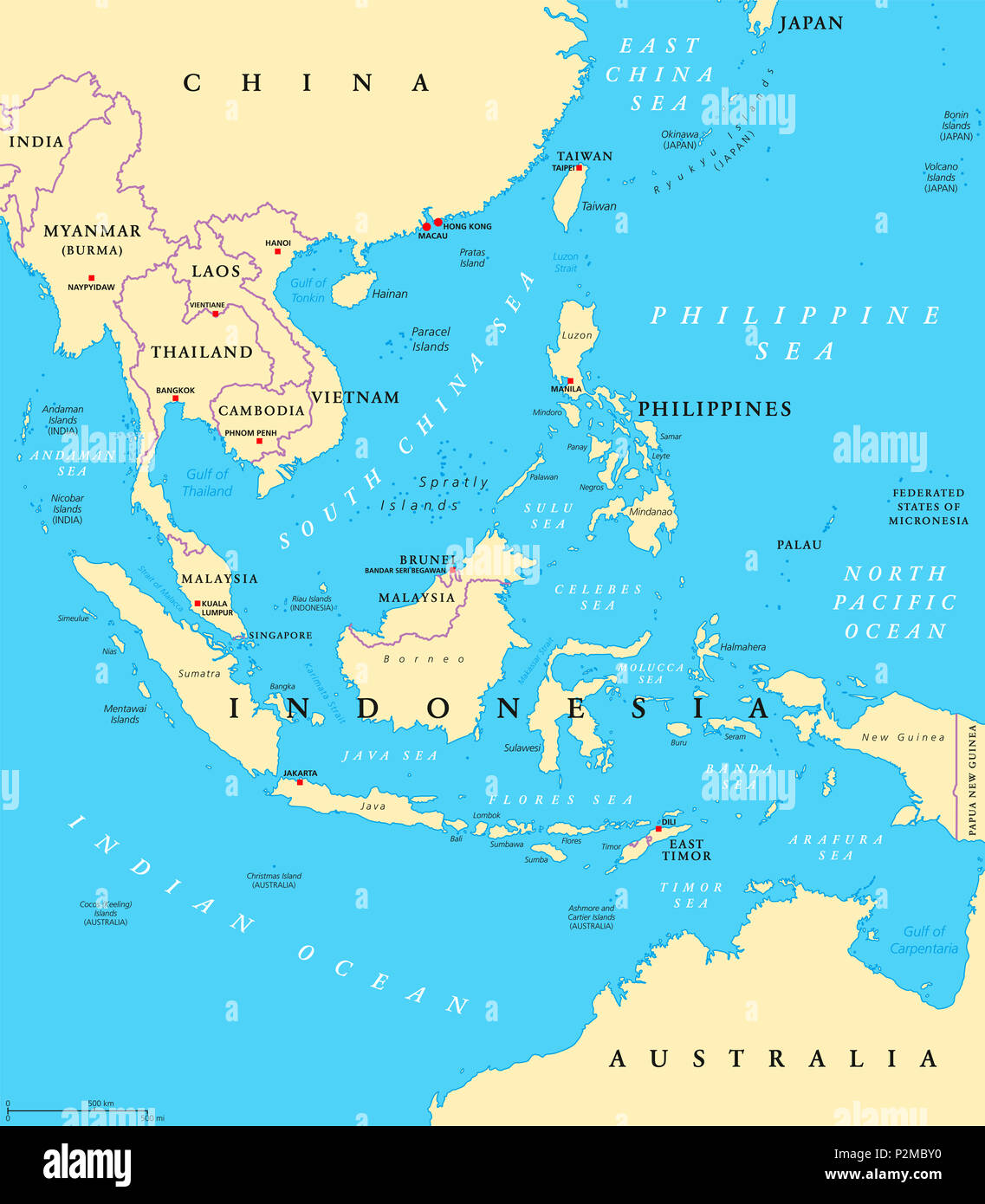 Asie du sud-est, une carte politique avec les capitales et les frontières. Sous-région de l'Asie. L'étiquetage en anglais. L'illustration. Banque D'Images