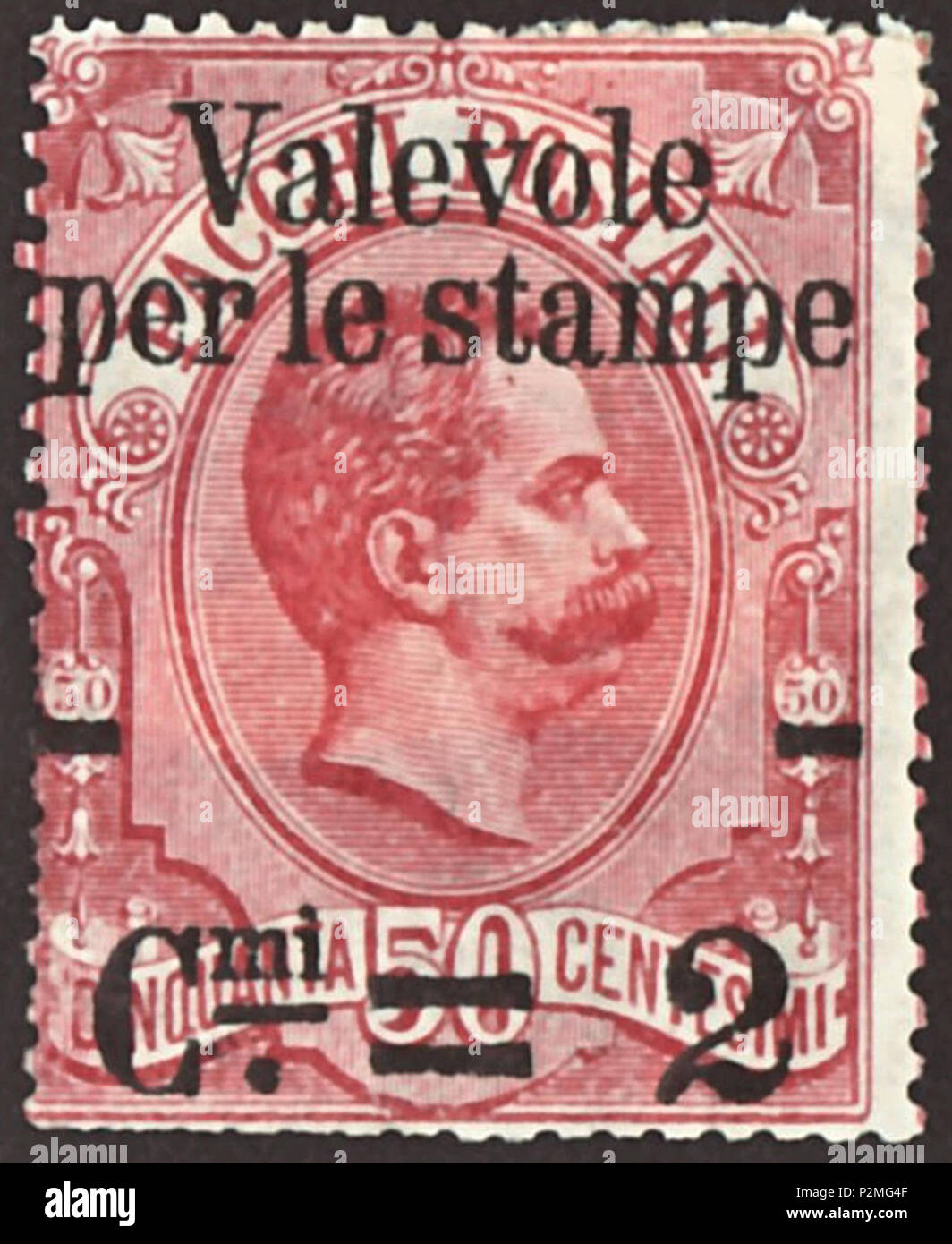 . Cachet du Royaume d'Italie ; 1890 ; parcel stamp de la soi-disant "problème Valevole' = parcelle de 1884 timbres à l'effigie du roi Humbert Ier d'Italie à stamding ovale avec 4 lignes "surimpression / Valevole per le stampe / coupé,coupé / CMI, double-coupé, 2' ; * b : Michel : n° 63 ( = Pk n° 3 avec la surimpression) ; référence Yvert et Tellier : n° 48 : carmin Couleur rouge avec filigrane surimpression du noir : italie n° 1 (couronne) Valeur nominale : 2 CMI (Centesimi) Validité : envoi du 1er décembre 1890 jusqu'au 31 décembre 1891 taille image timbre (zone imprimée) : 22,5 x 28,5 mm . 1 décembre 1890 (premier jour de l'émission Banque D'Images