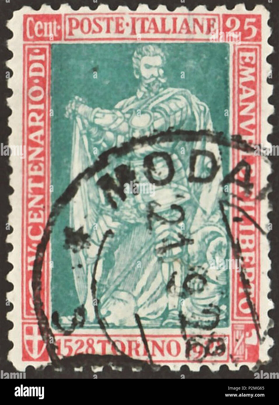 . Cachet du Royaume d'Italie ; 1928 ; timbre commémoratif de la question à la 400e anniversaire d'Emmanuel Philibert, duc de Savoie (1528-1580)' ; dessin d'après une peinture de Giovanni da Milano (1592-1636) ; effigie encadrés par des inscriptions, les armoiries de Savoie, une figure en huit noeud, et un "fascio" stylisé, symbole de l'état fasciste italien ; oblitérée en 1928 ; stamp variété avec perforation L 11 ( = type 'A') Stamp : Michel : n° 286A ; Yvert & Tellier : n° 214 ; Scott : n° 202 couleur : vert / rouge (couleurs) Filigrane : italie n° 1 (couronne) Valeur nominale : 25 100. (Centesimi) val d'Affranchissement Banque D'Images . Cachet du Royaume d'Italie ; 1928 ; timbre commémoratif de la question à la 400e anniversaire d'Emmanuel Philibert, duc de Savoie (1528-1580)' ; dessin d'après une peinture de Giovanni da Milano (1592-1636) ; effigie encadrés par des inscriptions, les armoiries de Savoie, une figure en huit noeud, et un "fascio" stylisé, symbole de l'état fasciste italien ; oblitérée en 1928 ; stamp variété avec perforation L 11 ( = type 'A') Stamp : Michel : n° 286A ; Yvert & Tellier : n° 214 ; Scott : n° 202 couleur : vert / rouge (couleurs) Filigrane : italie n° 1 (couronne) Valeur nominale : 25 100. (Centesimi) val d'Affranchissement Banque D'Images