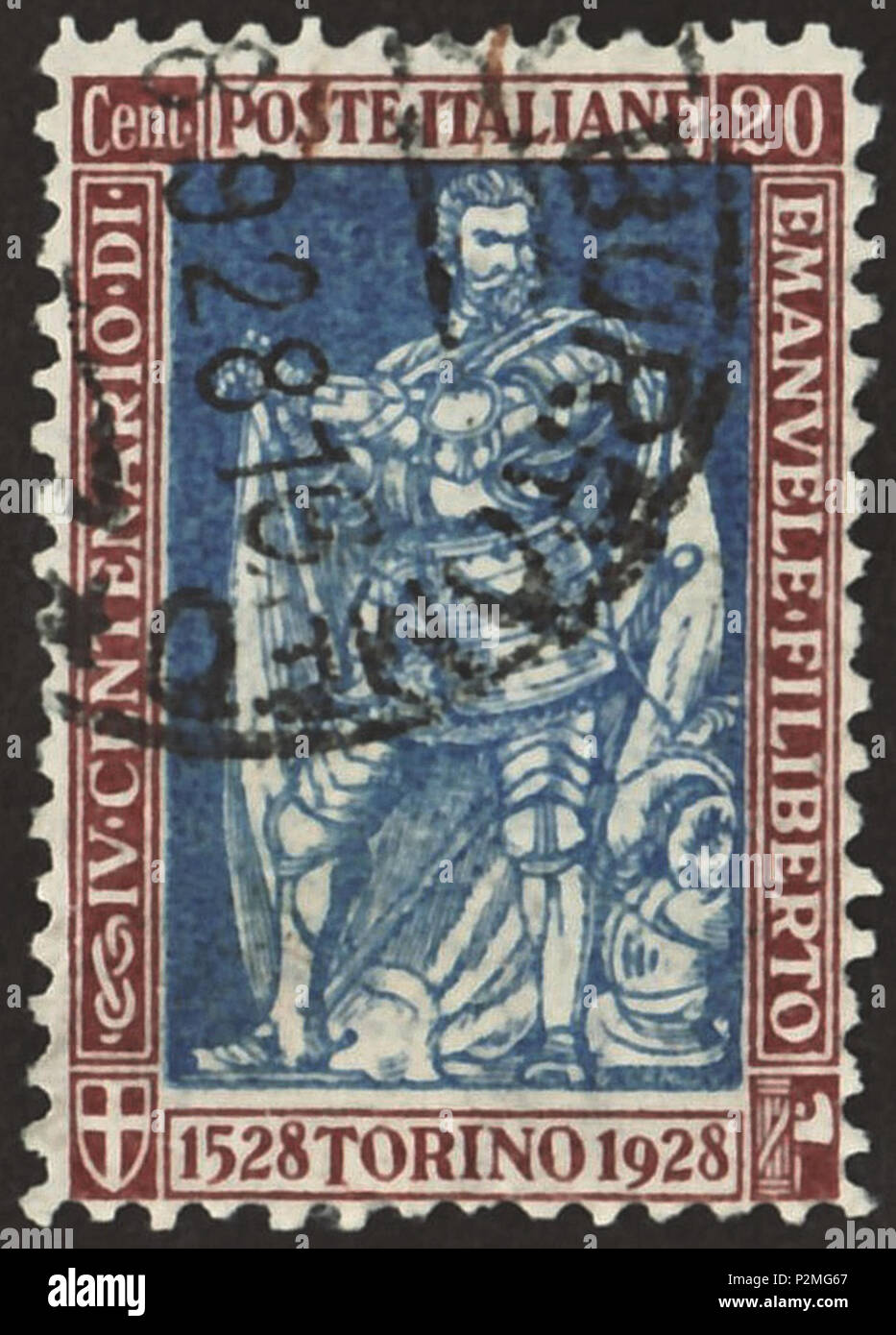 . Cachet du Royaume d'Italie ; 1928 ; timbre commémoratif de la question à la 400e anniversaire d'Emmanuel Philibert, duc de Savoie (1528-1580)' ; dessin d'après une peinture de Giovanni da Milano (1592-1636) ; effigie encadrés par des inscriptions, les armoiries de Savoie, une figure en huit noeud, et un "fascio" stylisé, symbole de l'état fasciste italien ; oblitérée à Peschiera Borromeo (Région Lombardie) en 1928 ; stamp variété avec perforation L 11 ( = type 'A') Stamp : Michel : n° 285A ; Yvert & Tellier : no 213 ; Scott : n° 201 Couleur : brun / bleu azur : filigrane Italie No 1 (couronne) Valeur nominale : 20 C Banque D'Images . Cachet du Royaume d'Italie ; 1928 ; timbre commémoratif de la question à la 400e anniversaire d'Emmanuel Philibert, duc de Savoie (1528-1580)' ; dessin d'après une peinture de Giovanni da Milano (1592-1636) ; effigie encadrés par des inscriptions, les armoiries de Savoie, une figure en huit noeud, et un "fascio" stylisé, symbole de l'état fasciste italien ; oblitérée à Peschiera Borromeo (Région Lombardie) en 1928 ; stamp variété avec perforation L 11 ( = type 'A') Stamp : Michel : n° 285A ; Yvert & Tellier : no 213 ; Scott : n° 201 Couleur : brun / bleu azur : filigrane Italie No 1 (couronne) Valeur nominale : 20 C Banque D'Images