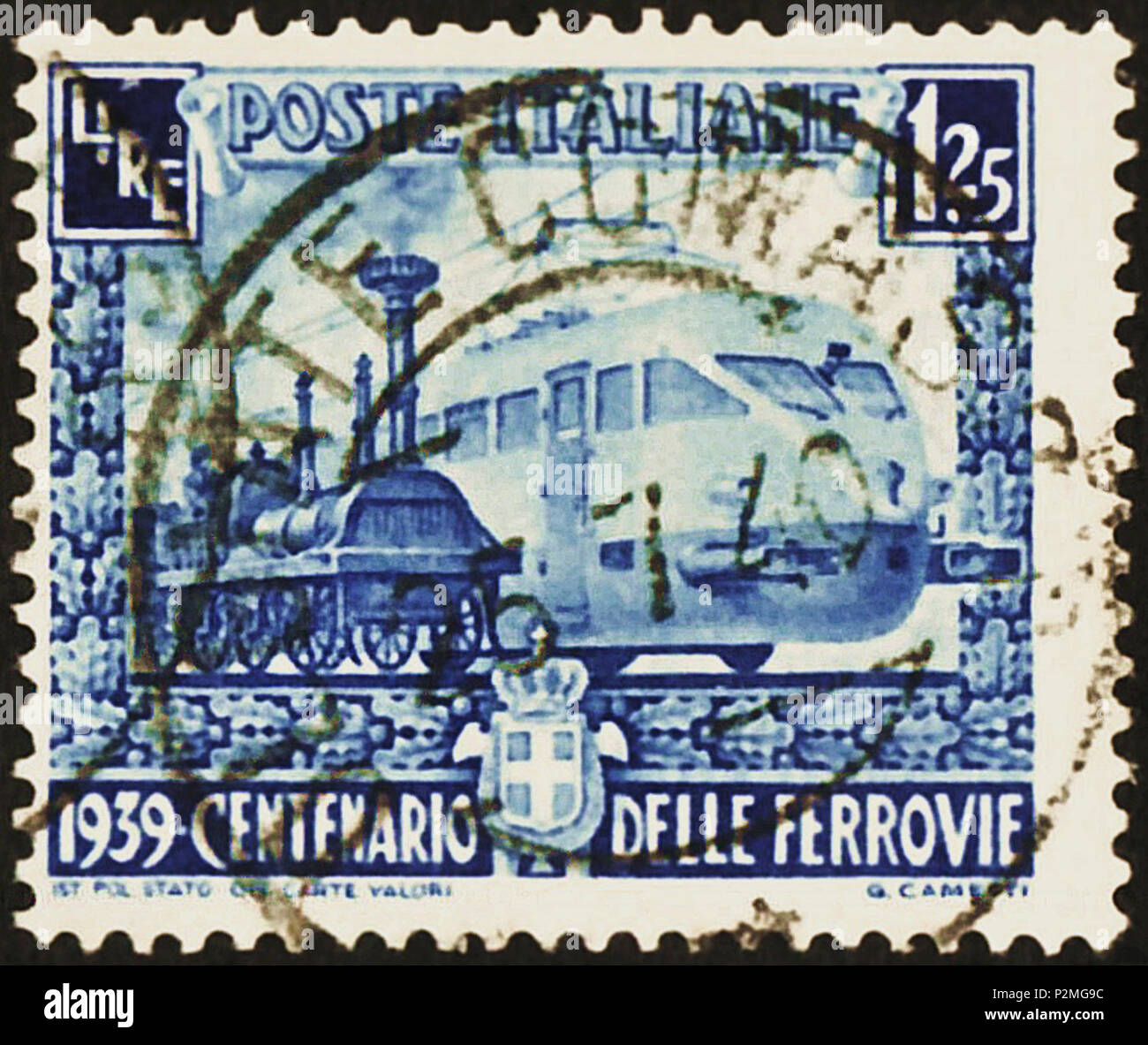 Anglais : Cachet du Royaume d'Italie ; 1939 ; timbre commémoratif de la  question 'Centenario delle ferrovie italiane" ( = l'italien pour "100e  anniversaire des chemins de fer italiens (15 décembre