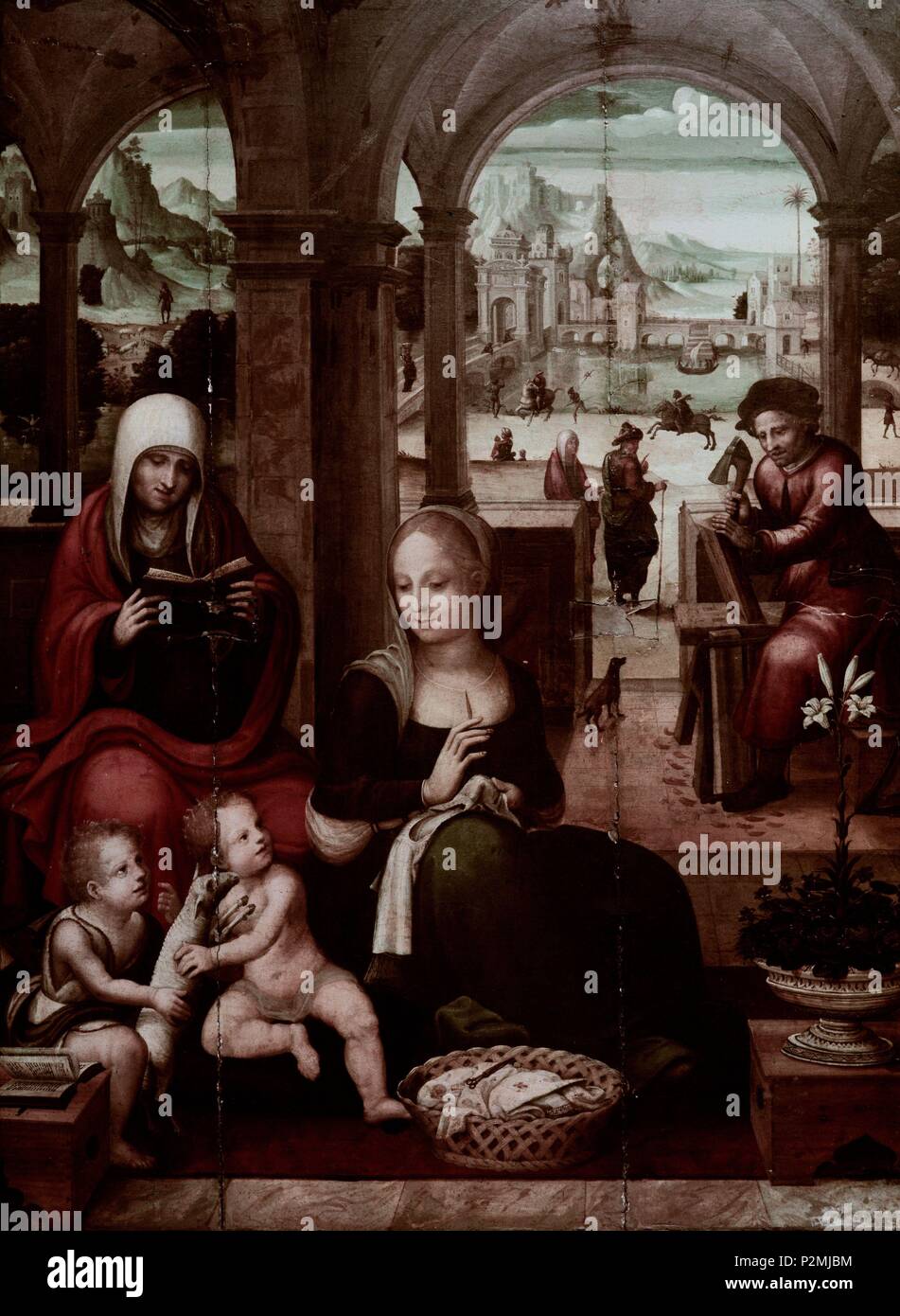 "La Sainte Famille", 1515-1520, huile sur panneau, 91,5 x 68,5 cm. Auteur : Miguel Esteve (d. c. 1528). Emplacement : Museo Municipal, VALENCE, ESPAGNE. Banque D'Images