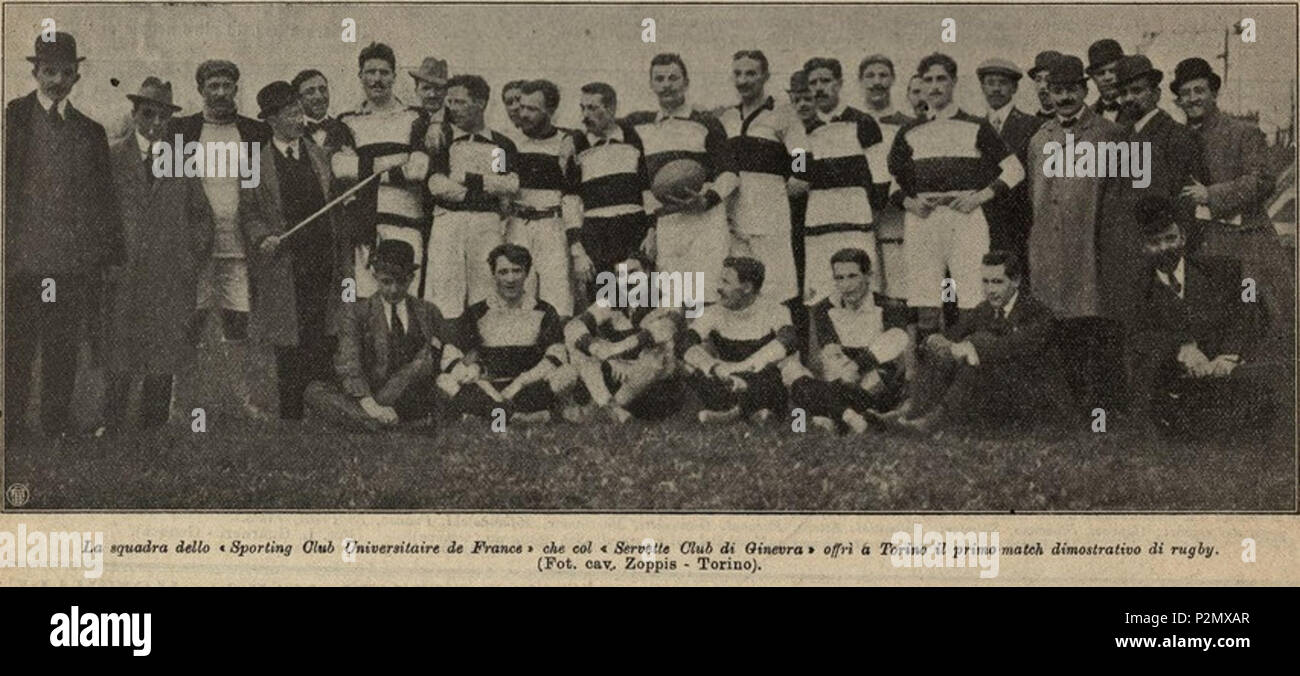 . Sporting Club Universitaire de France l'équipe de rugby à Turin pour le tout premier match de rugby joué en Italie ; les opposants étaient Swiss XV du Servette de Genève. 27 mars 1910. Cav. Zoppis SCUF Rugby 78 - 1910 Turin Italie Banque D'Images
