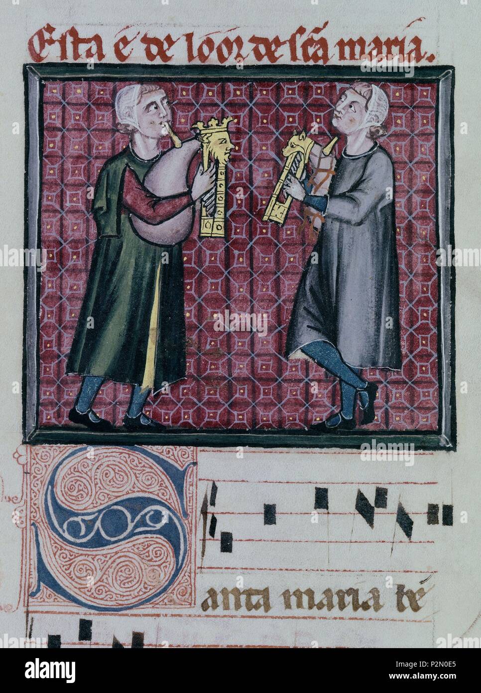 M.B.I.2-CANTIGA DE SANTA MARIA-Nº280-F251V-CODICE-PAU CASALS GAITAS CON RONCON PARALELO AL PUNTERO. Auteur : Alfonso X le Sage de Castille (1221-1284). Emplacement : MONASTERIO-BIBLIOTECA-COLECCION, San Lorenzo del Escorial, Madrid, Espagne. Banque D'Images