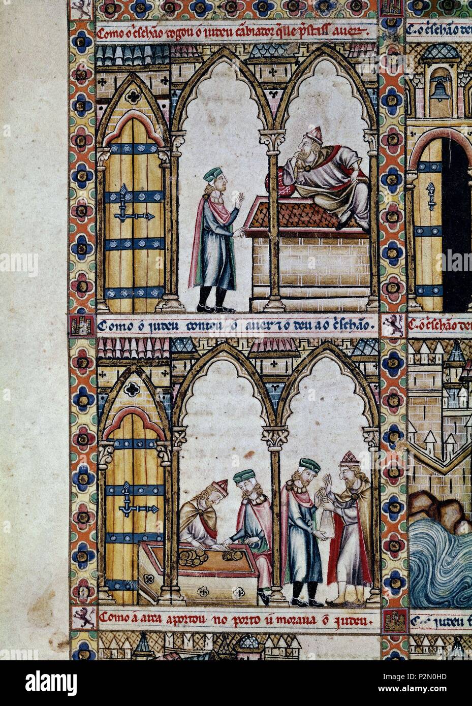 'L'usurier juif et chrétien des marchands (détail), Les Cantigas de Santa Maria, Numéro 25, F38V, 13e siècle. Auteur : Alfonso X le Sage de Castille (1221-1284). Emplacement : MONASTERIO-BIBLIOTECA-COLECCION, San Lorenzo del Escorial, Madrid, Espagne. Banque D'Images