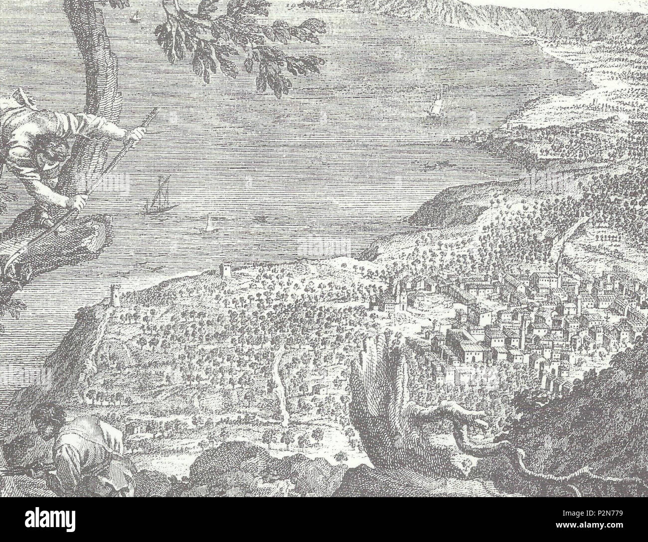 . Italiano : Palmi nel XVIII secolo in una stampa dell'epoca. Deutsch : Palmi auf einem Druck aus dem 18. Jahrhundert. 19 mars 2012. Inconnu 68 Palmi 1700 Banque D'Images