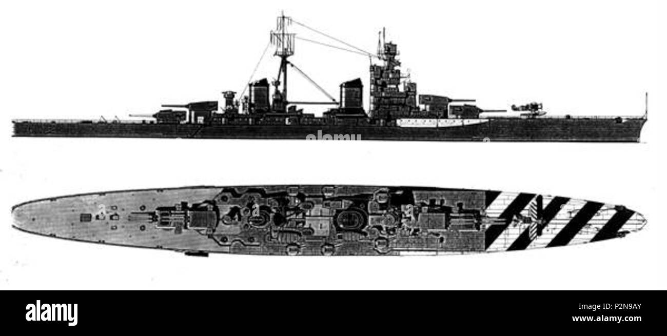 . Italiano : Profilo e pianta dell'incrociatore pesante Zara sul sito della Marina Militare Italiana . anni 30. Inconnu 73 - Profil - zara Banque D'Images