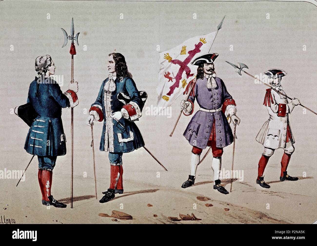 INFANTERIA DE LA DINASTIA BORBONICA - 1700 A 1718-E ALABARDEROS DE INFANTERIA LINEA-LITOGRAFIA- siglo XVIII. Auteur : VILLEGAS. Emplacement : ARCHIVO Historico Militar, MADRID, ESPAGNE. Banque D'Images