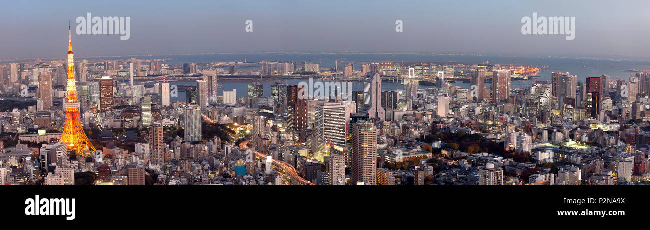 Toits de Tokyo vu de Roppongi Hills à Tokyo Tower et Bay pendant heure bleue, Minato-ku, Tokyo, Japon Banque D'Images