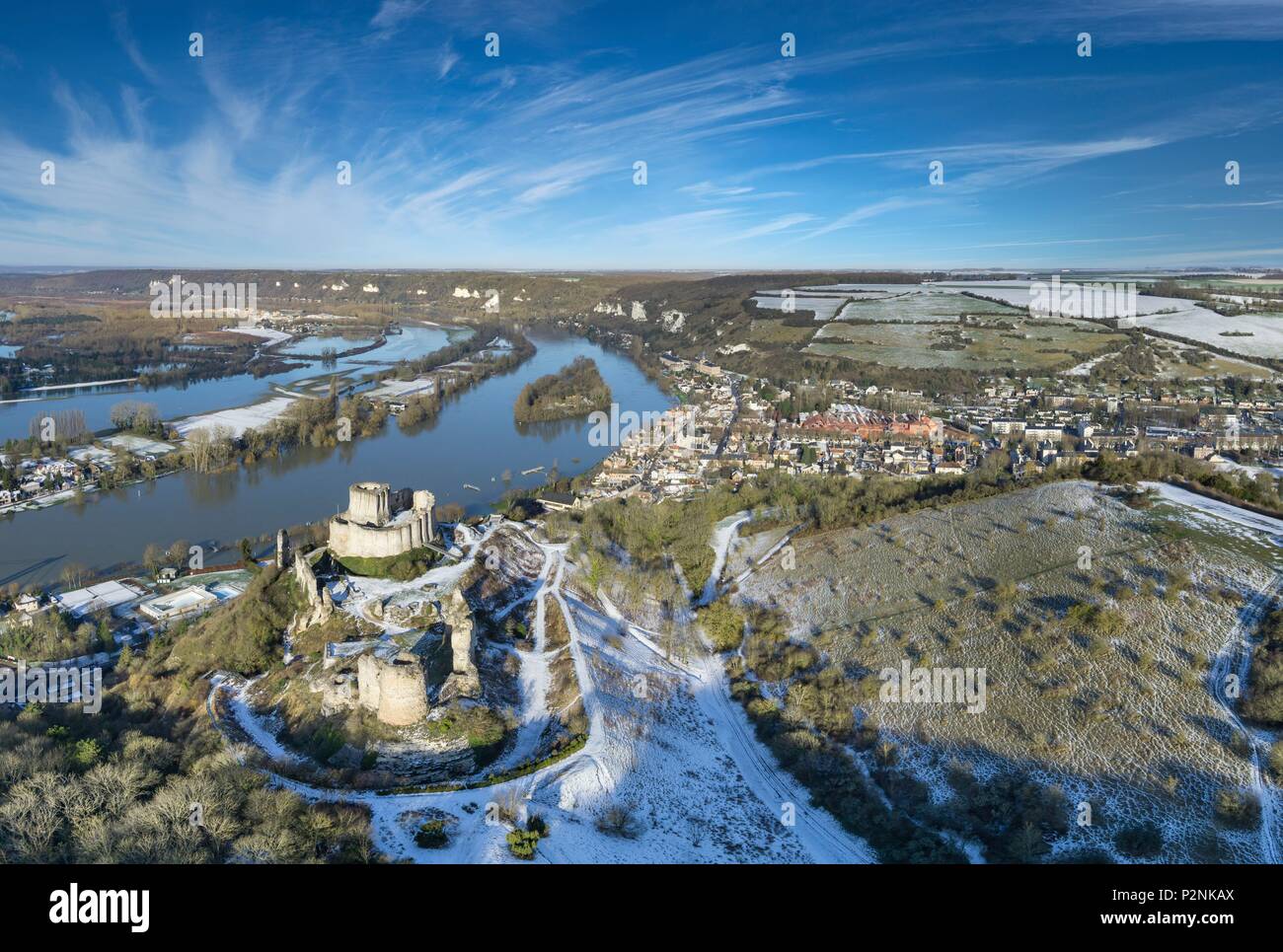 La France, l'Eure, Les Andelys, Château-Gaillard, forteresse du 12ème siècle construit par Richard Coeur de Lion, vallée de la Seine, la Seine en crue (vue aérienne) Banque D'Images