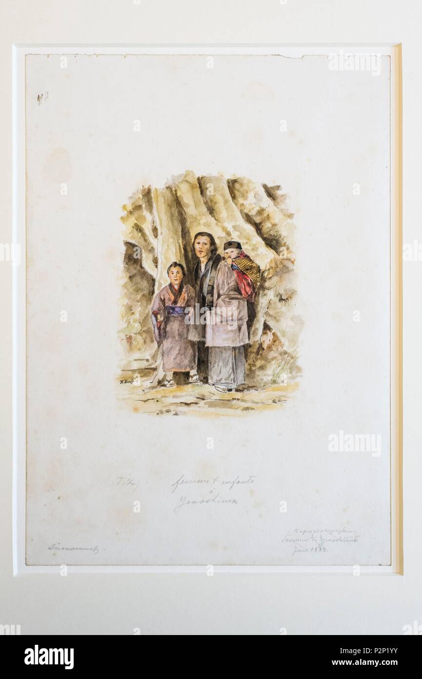 France, Marne, Reims, détail d'une aquarelle d'Hugues Krafft's collection, un portrait d'une famille japonaise Banque D'Images