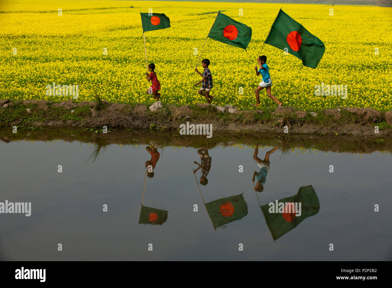 Les enfants des régions rurales du Bangladesh s'exécuter avec drapeau national du Bangladesh à travers un champ de moutarde à Chalan Beel à Natore. Le Bangladesh. Banque D'Images