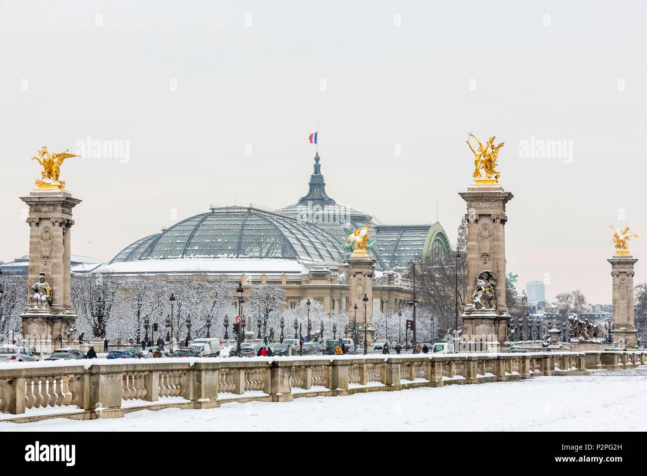 France, Paris, région classée au Patrimoine Mondial de l'UNESCO, pont Alexandre III et le Grand Palais, le 07/02/2018 neige Banque D'Images