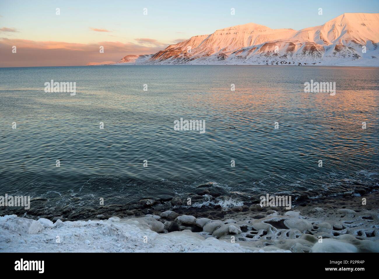 La Norvège, Svalbard, Spitzberg, Longyearbyen, Adventfjorden, gelé l'eau salée la dentelle Banque D'Images