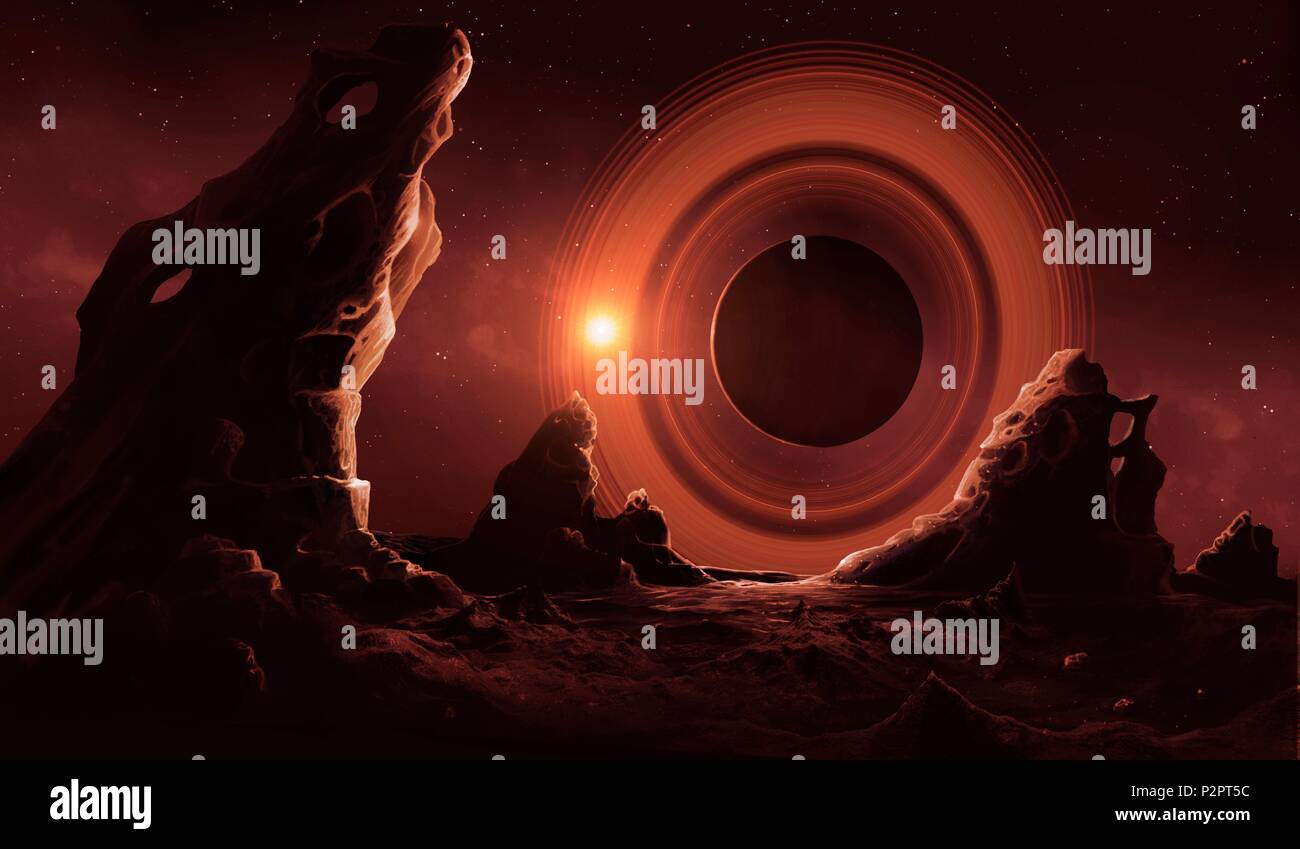 Illustration de l'avis d'un exomoon annelés en orbite autour d'une exoplanète en orbite polaire. L'exomoon est dépeint comme rocky, avec de grandes formations de type stalagmite sur sa surface. Sa mère est une géante gazeuse avec une série d'anneaux lumineux, semblable à celle de Saturne, avec les anneaux vus de face dans cette représentation. Banque D'Images