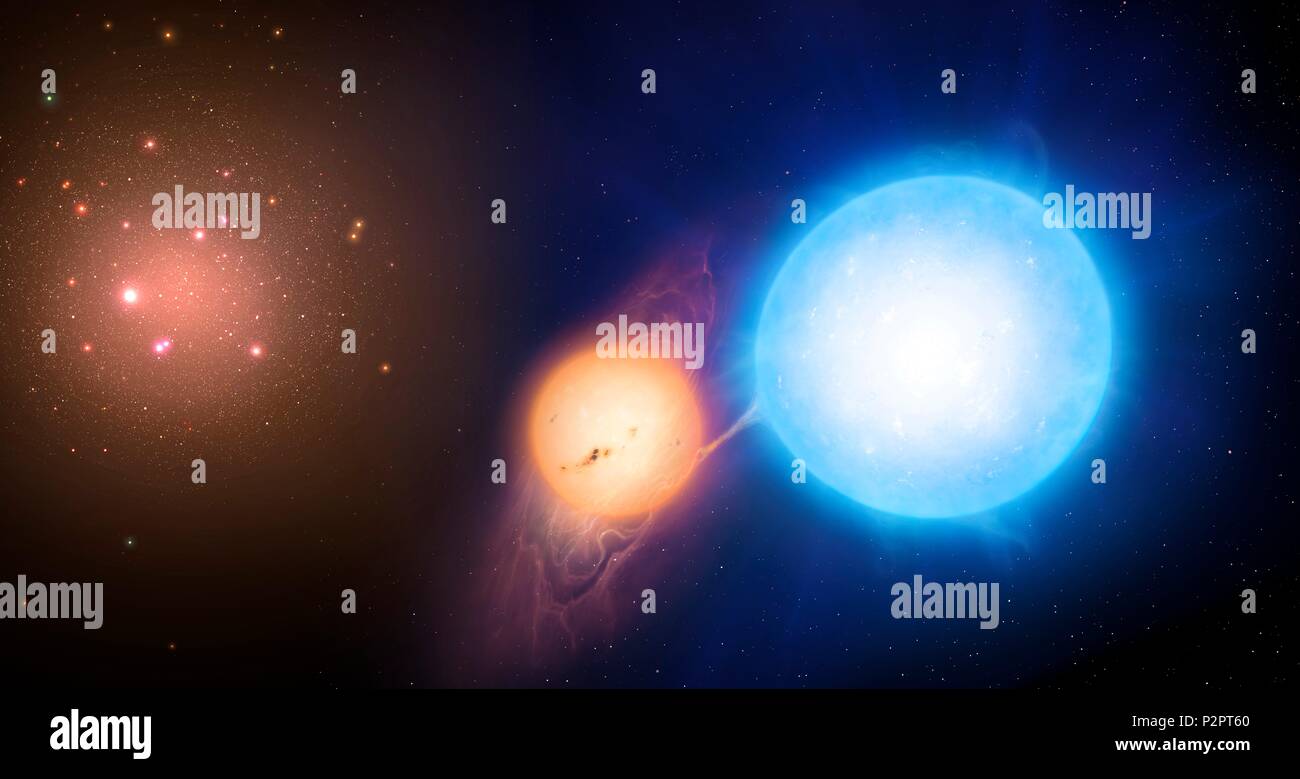 Illustration d'une étoile binaire à la périphérie d'un amas globulaire. Des études récentes de ces binaries par les astronomes à l'Université de Warwick, Royaume-Uni, suggèrent que les amas globulaires pourrait être de 4 milliards d'années de moins que la pensée. Banque D'Images