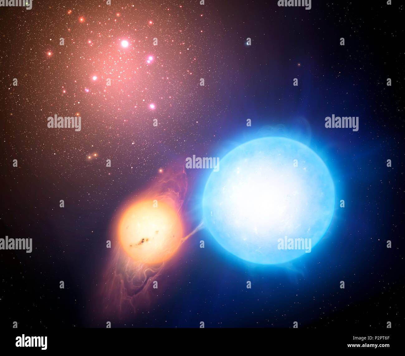 Illustration d'une étoile binaire à la périphérie d'un amas globulaire. Des études récentes de ces binaries par les astronomes à l'Université de Warwick, Royaume-Uni, suggèrent que les amas globulaires pourrait être de 4 milliards d'années de moins que la pensée. Banque D'Images