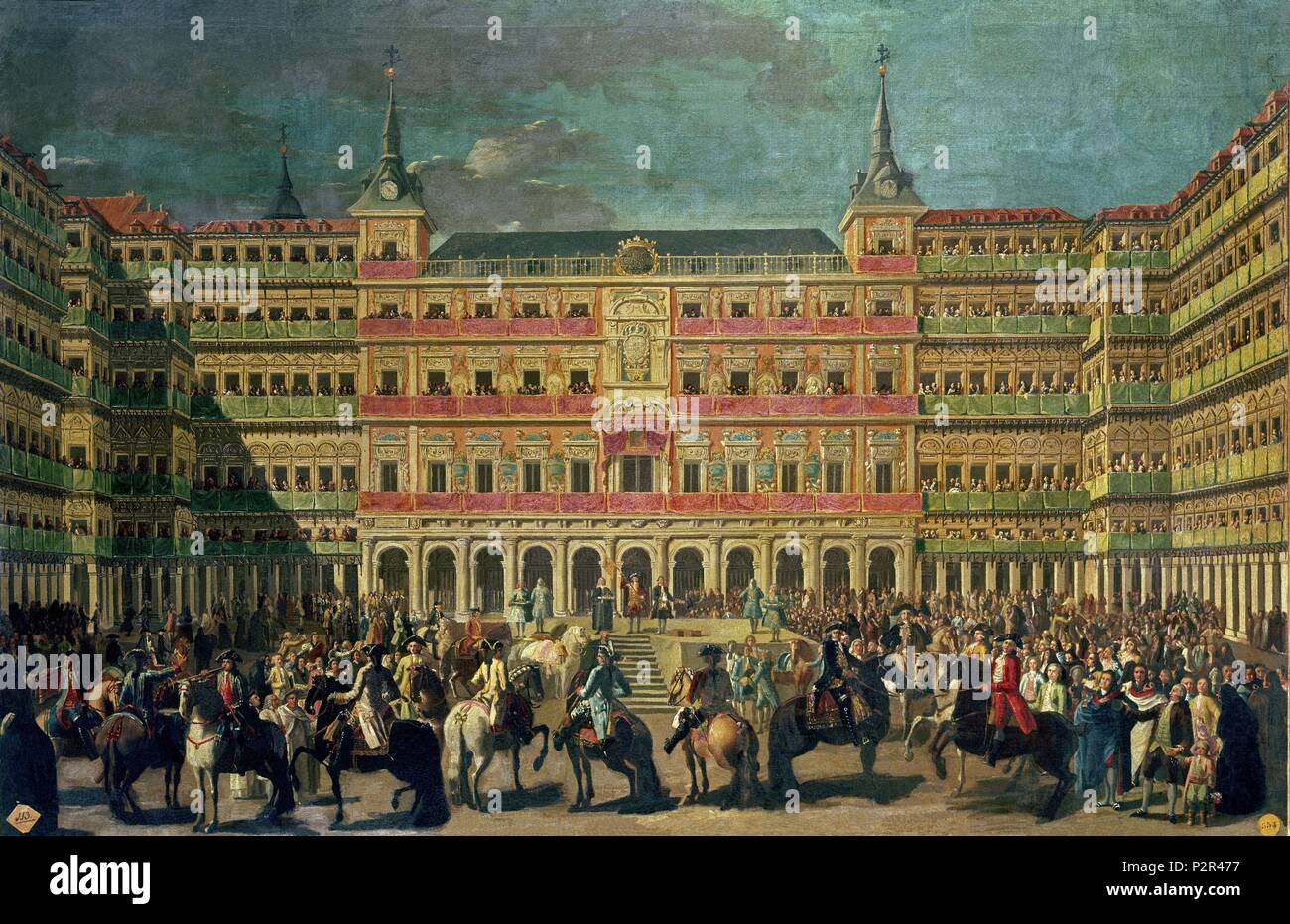 Carlos III l'entrée de la Plaza Mayor qui a été spécialement décoré pour sa  venue à Madrid. Madrid, Musée Municipal. L'Espagne. Auteur : LORENZO Quiros  (1717-1789). Lieu : Musée de l'histoire de