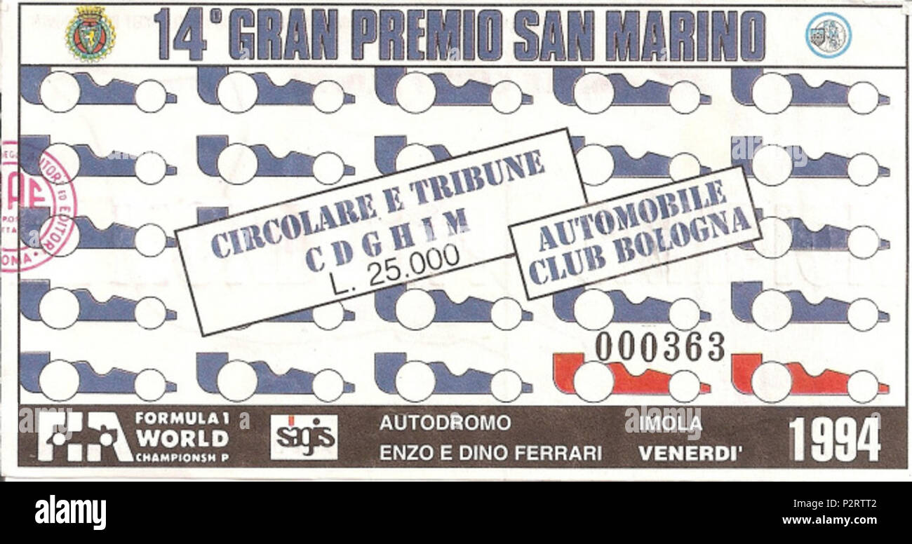 . Italiano : 1994 Grand Prix de San Marin ticket . 1 mai 1994. Alan Dahl 21994 Billets Grand Prix de Saint-Marin Banque D'Images